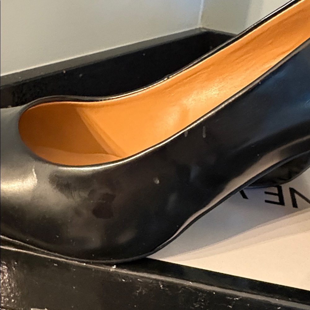 *Nine West NEWRULEO BLACK SY Black Patent Almond Toe Chunky Heel Pump - Picture 17 of 17